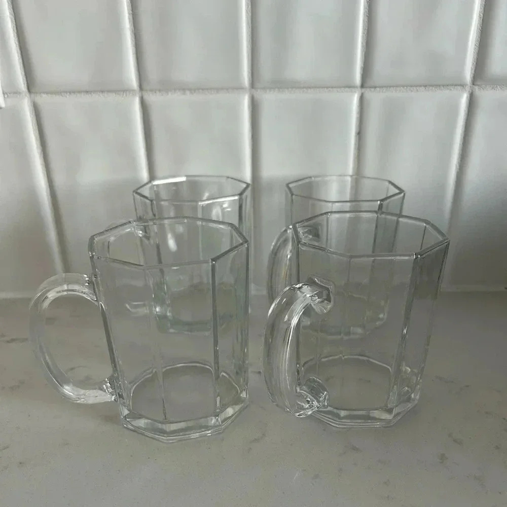 Glass Etched Octagon Coffee Mugs ARCOROC France Octime MCM, Set of 4,  8…